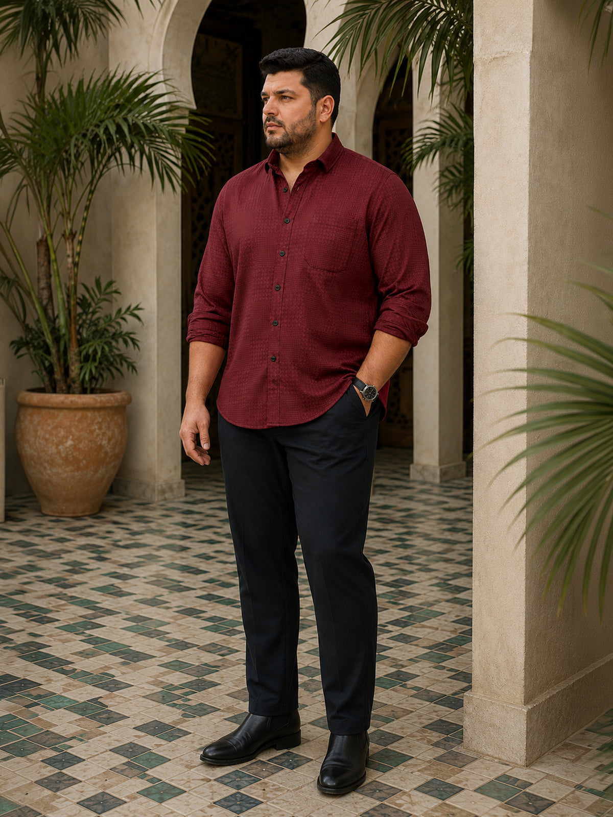 Instafab Plus Men's Maroon Houndstooth Jacquard Regular Fit Shirt - view 4
