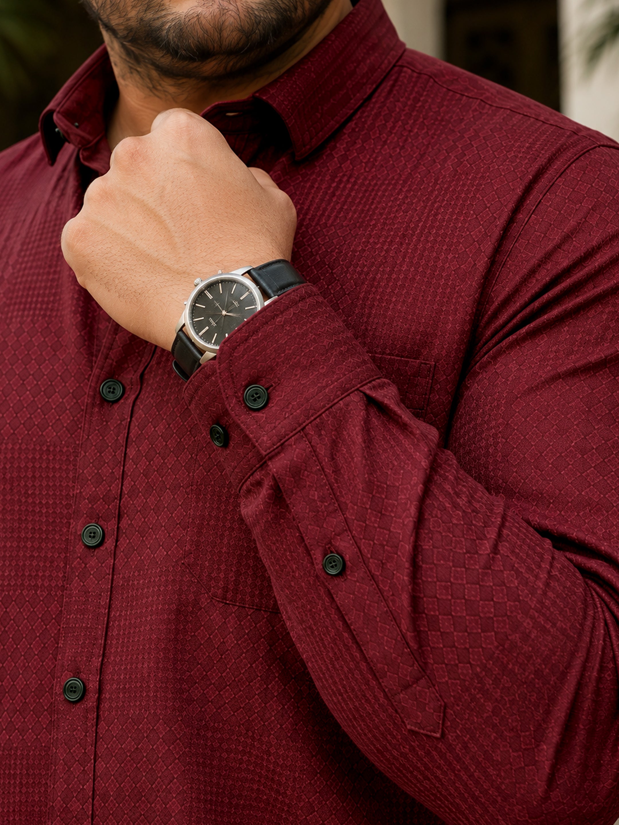 Instafab Plus Men's Maroon Houndstooth Jacquard Regular Fit Shirt - view 6