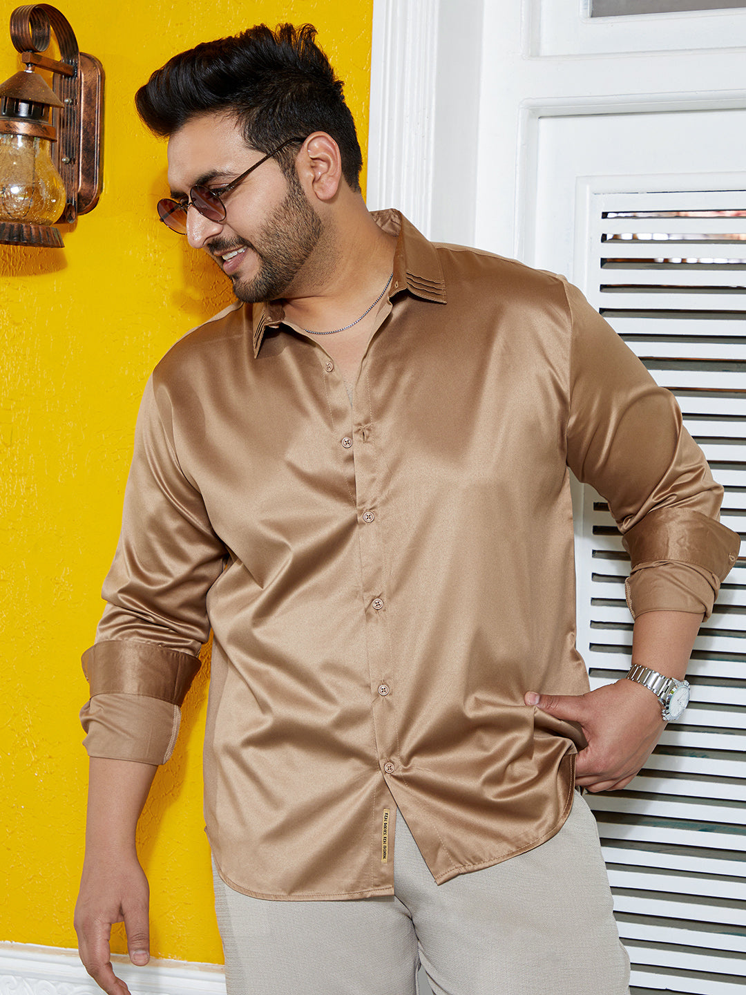 Instafab Plus Men's Sand Beige Solid Satin Shirt Instafab Plus Men's Sand Beige Solid Satin Shirt