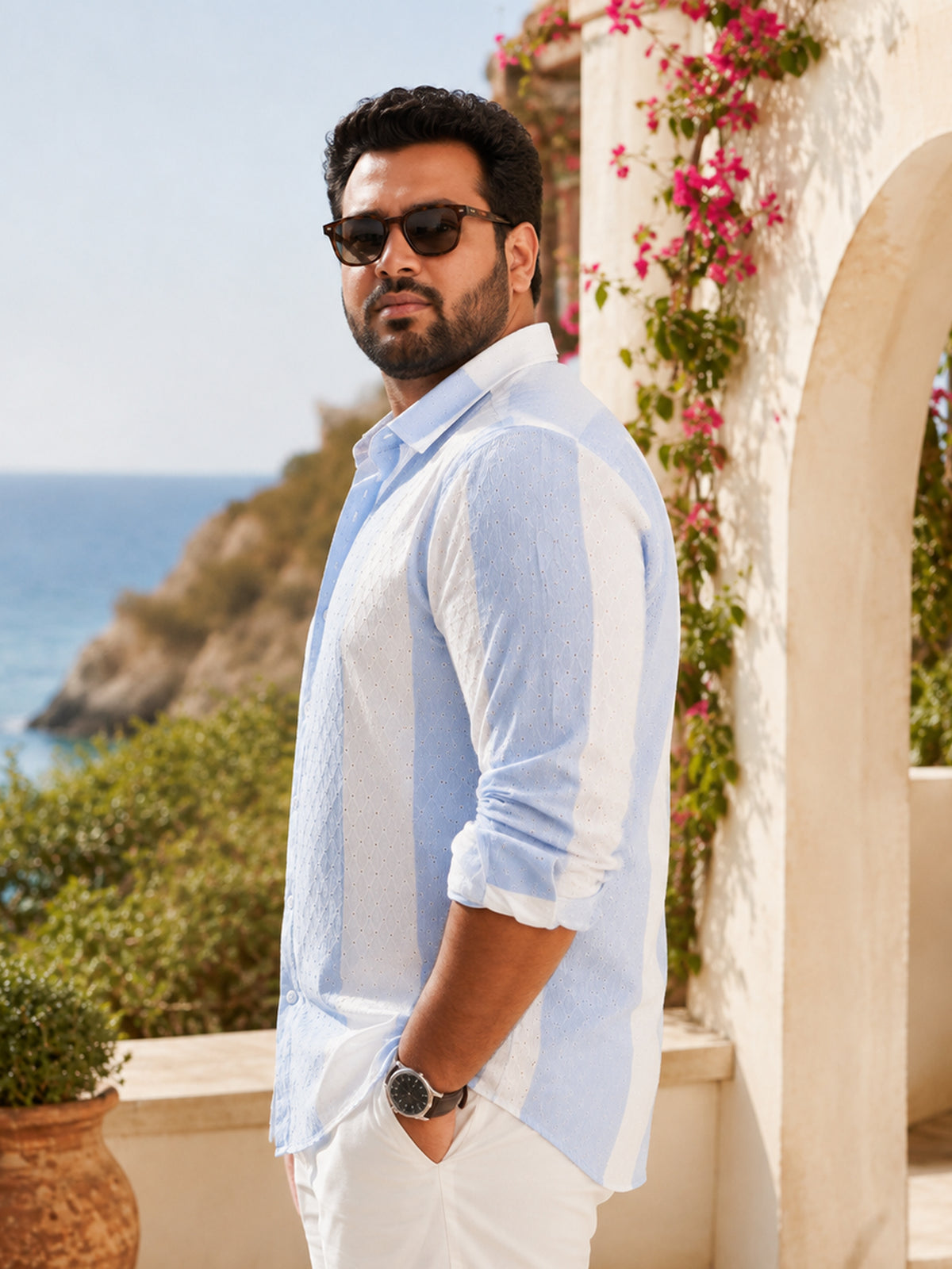 Instafab Plus Men's Blue & White Striped Raschel Jacquard Shirt - view 2