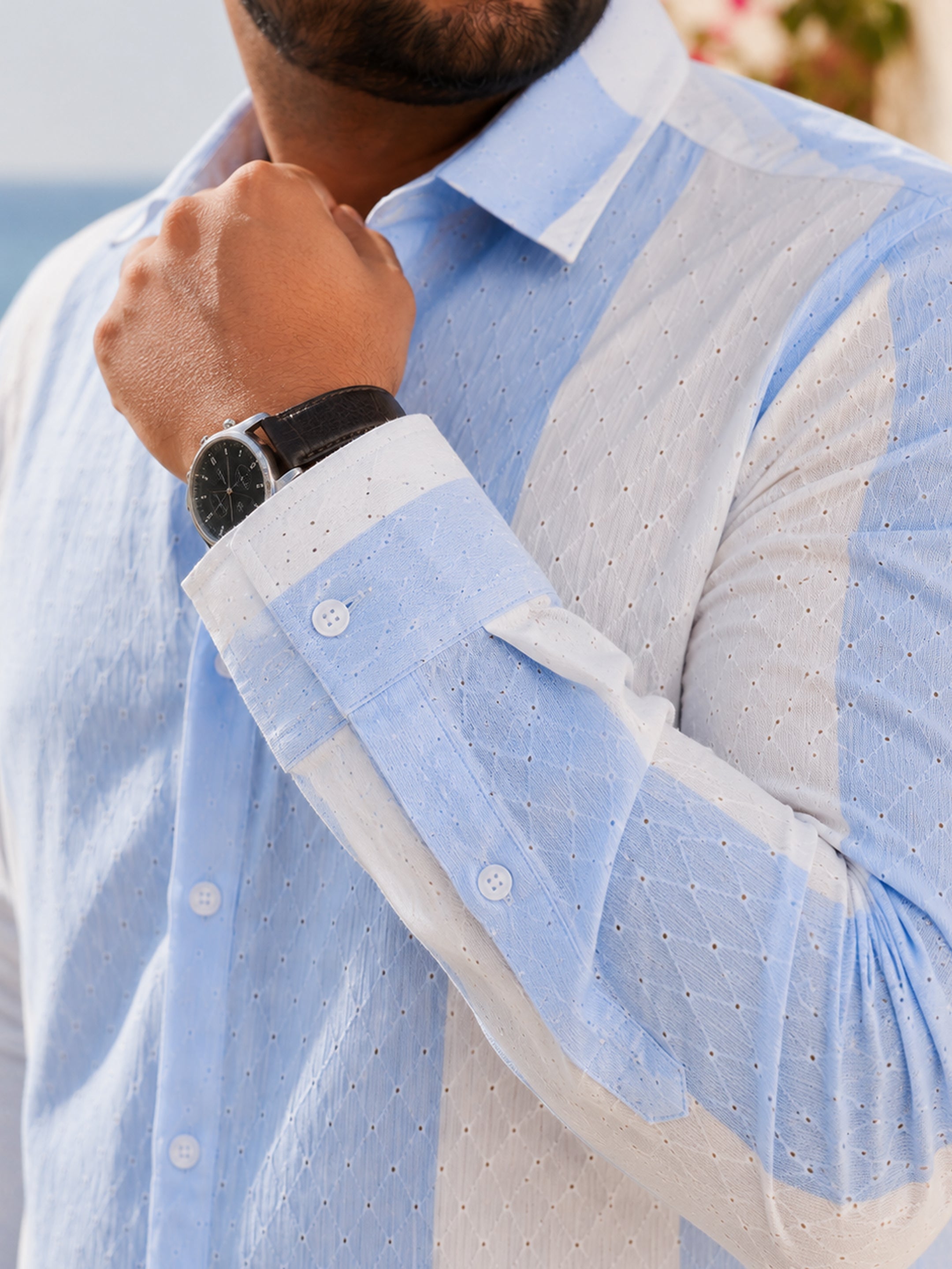 Instafab Plus Men's Blue & White Striped Raschel Jacquard Shirt - view 6