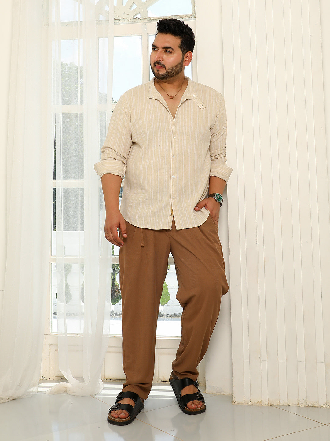 Striped Extended-Band Collar Shirt