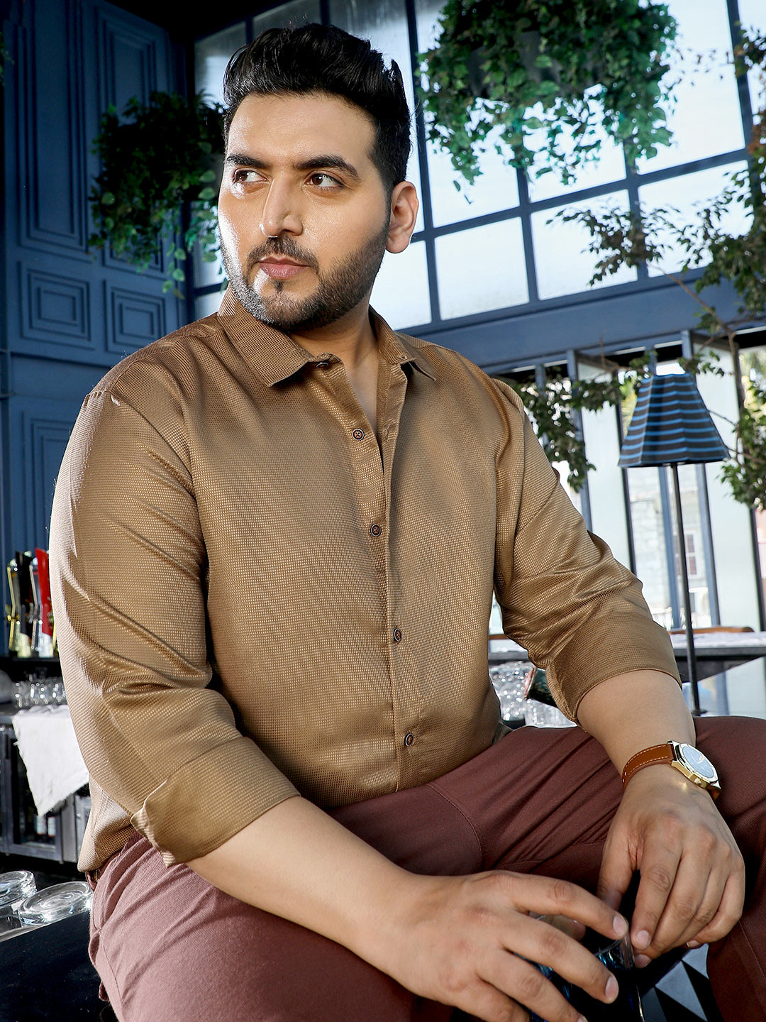 Brown Self Design Shirt