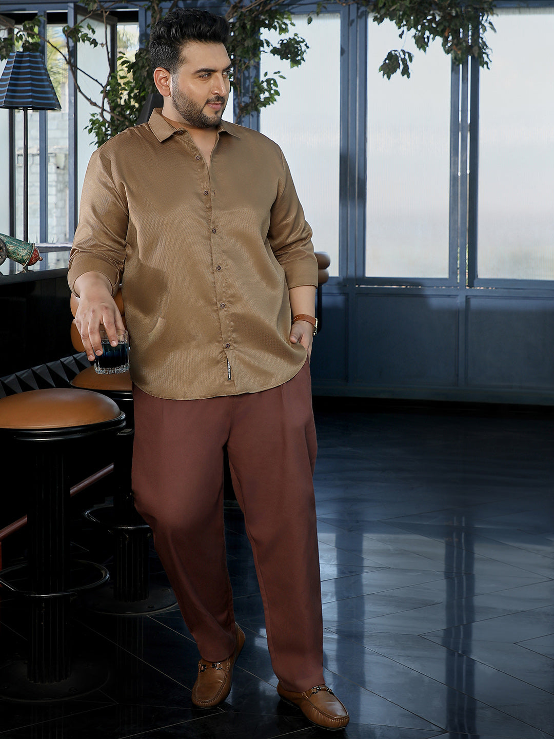 Brown Self Design Shirt