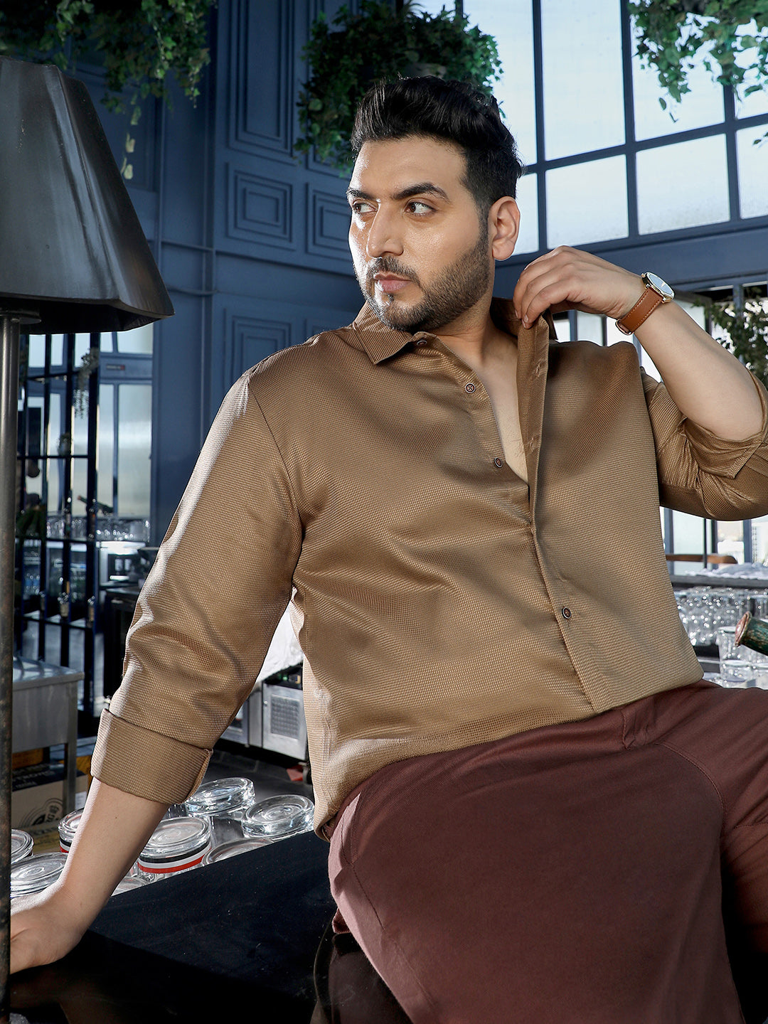 Brown Self Design Shirt