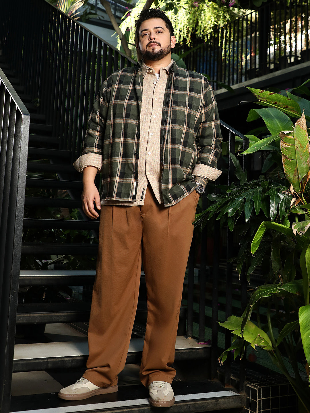 Instafab Plus Men's Jungle Green Button-Down Shadow-Plaid Shirt