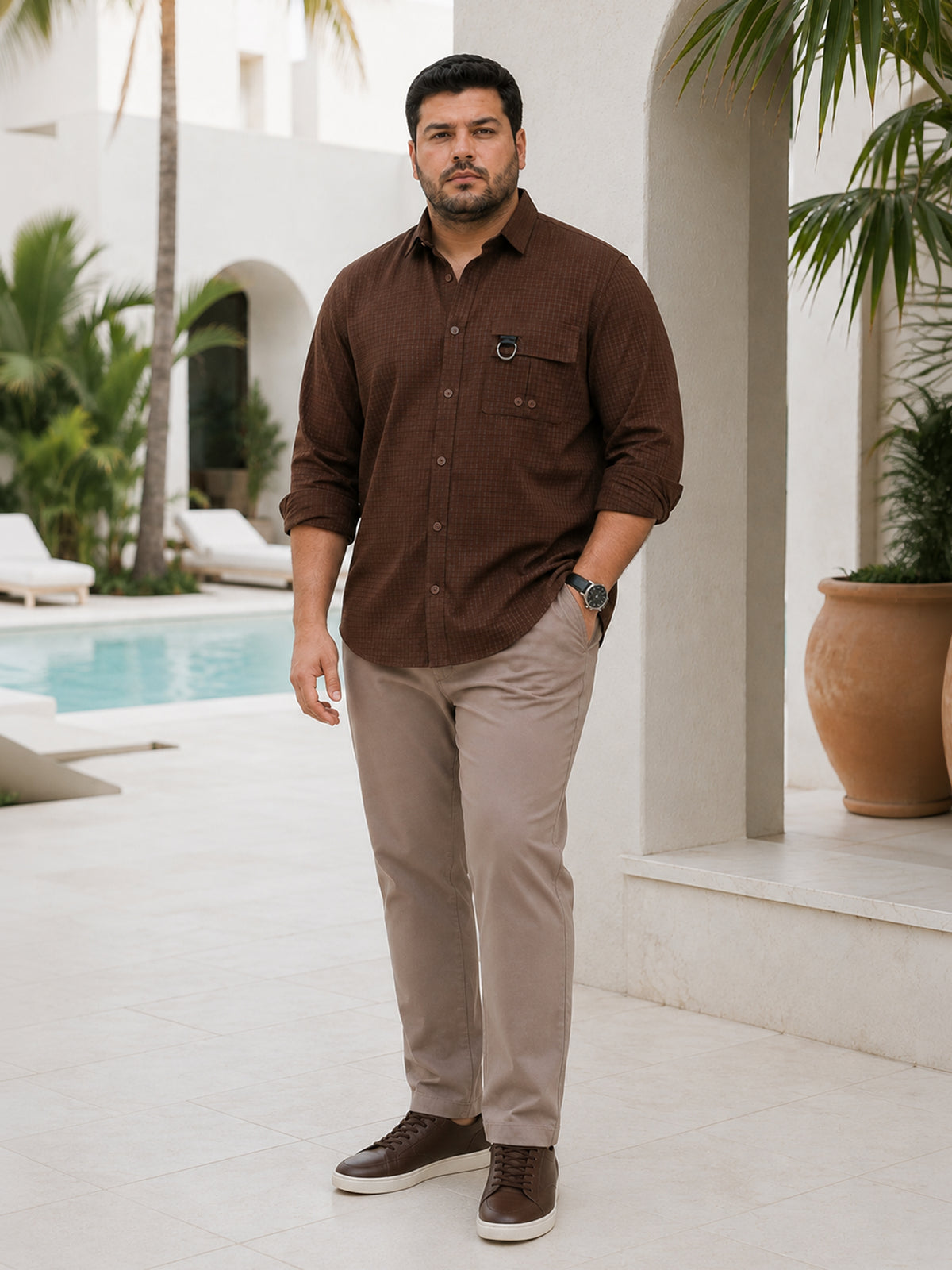 Instafab Plus Men's Brown Grid Textured Shirt With Utility Pocket - view 4