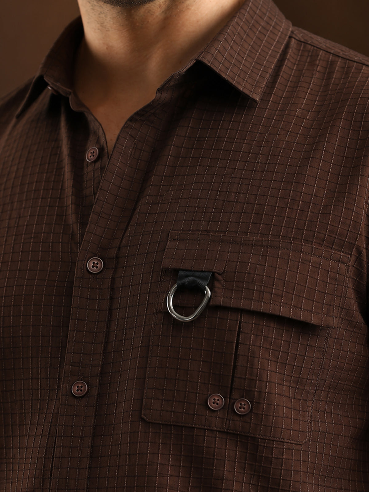 Instafab Plus Men's Brown Grid Textured Shirt With Utility Pocket - view 5
