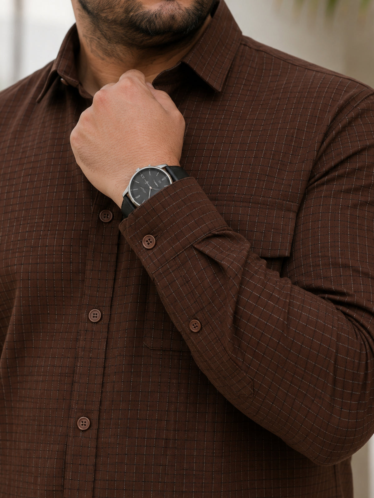 Instafab Plus Men's Brown Grid Textured Shirt With Utility Pocket - view 6