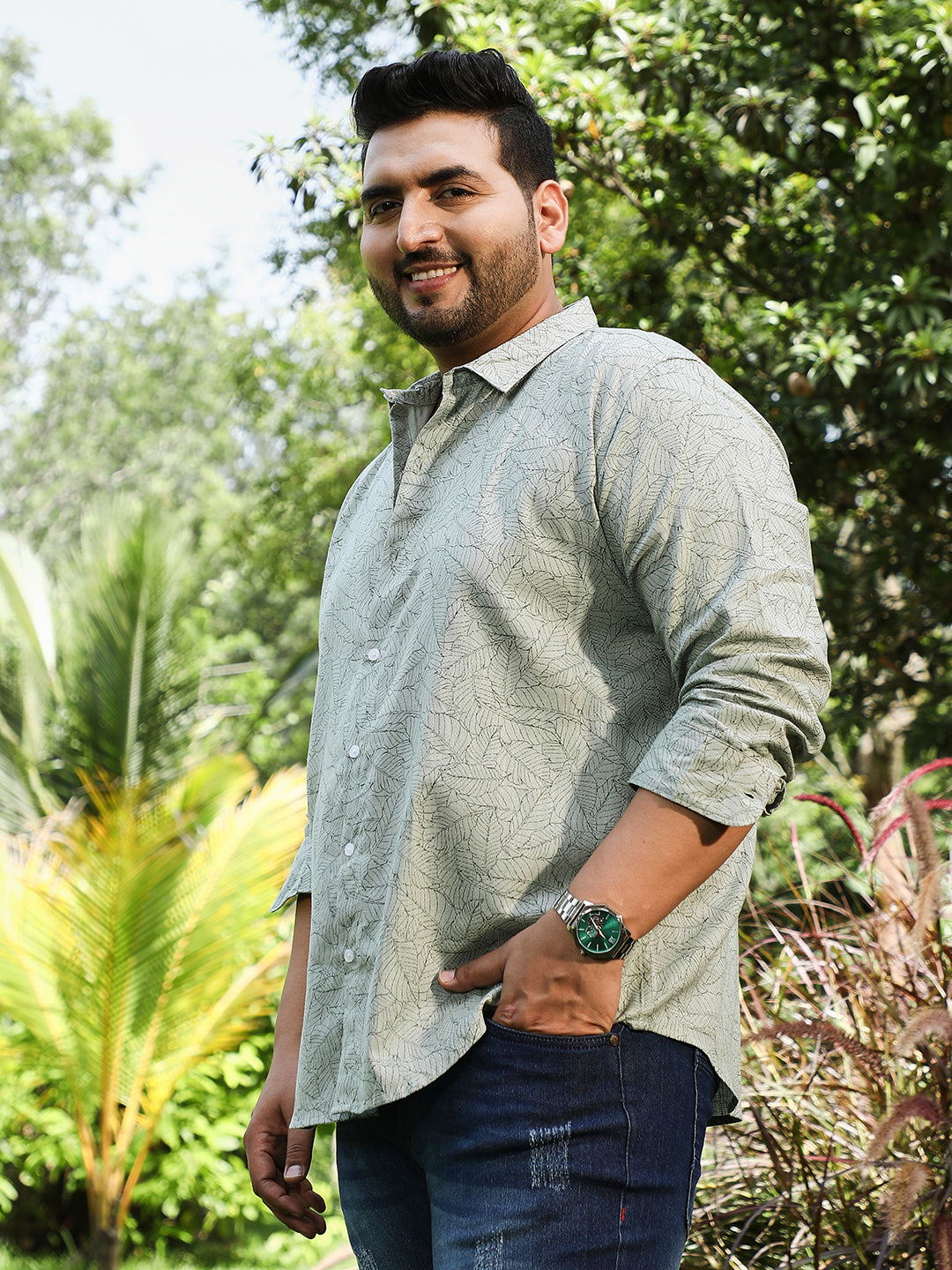 Leaflet-Imprint Woven Shirt