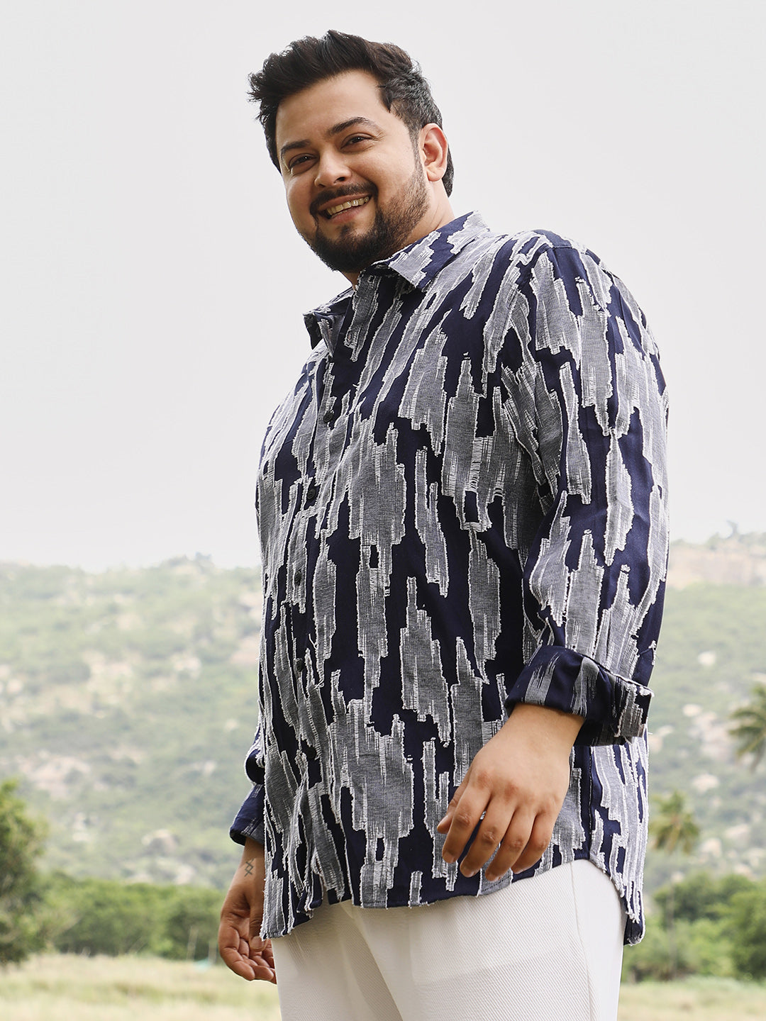 Contrast-Distressed Jacquard Shirt