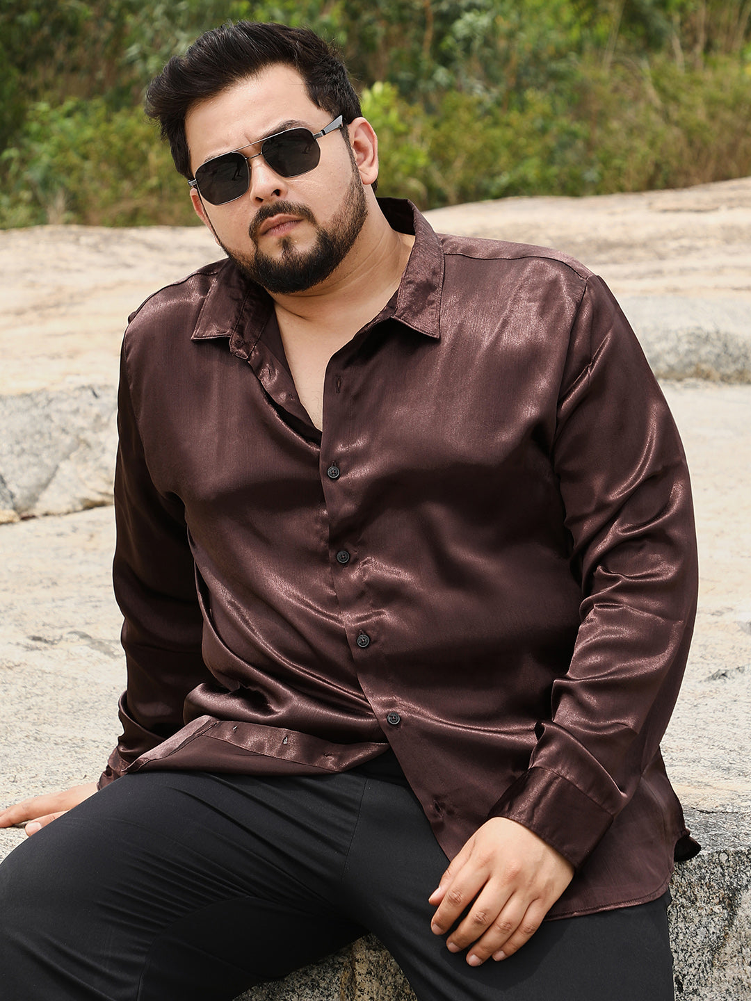 Instafab Plus Men's Coffee Brown Gleaming Crushed-Satin Shirt