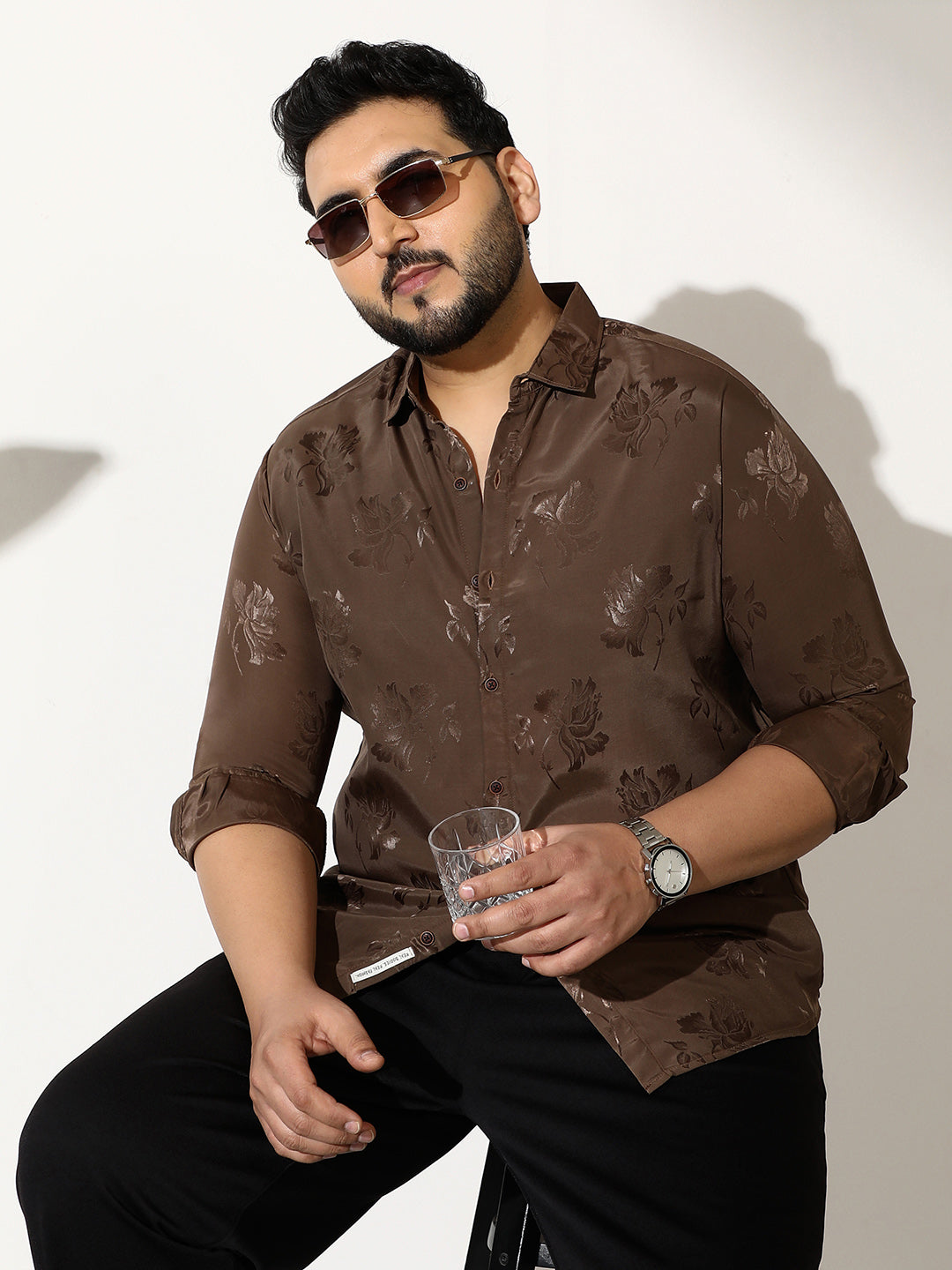 Instafab Plus Men's Coffee Brown Roses-Jacquard Satin Shirt Instafab Plus Men's Coffee Brown Roses-Jacquard Satin Shirt