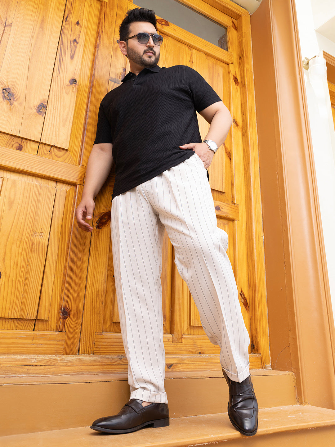 Pinstripe-Pleated Chino Trousers