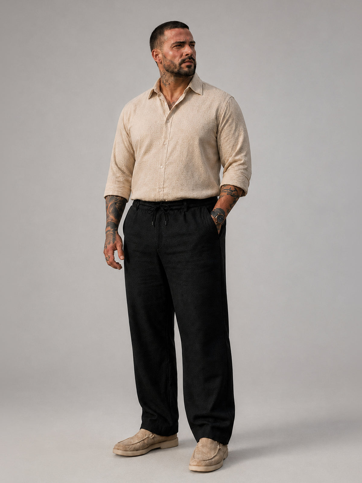 Instafab Plus Men's Black Micro Waffle Straight Fit Trouser With Drawstring - view 4