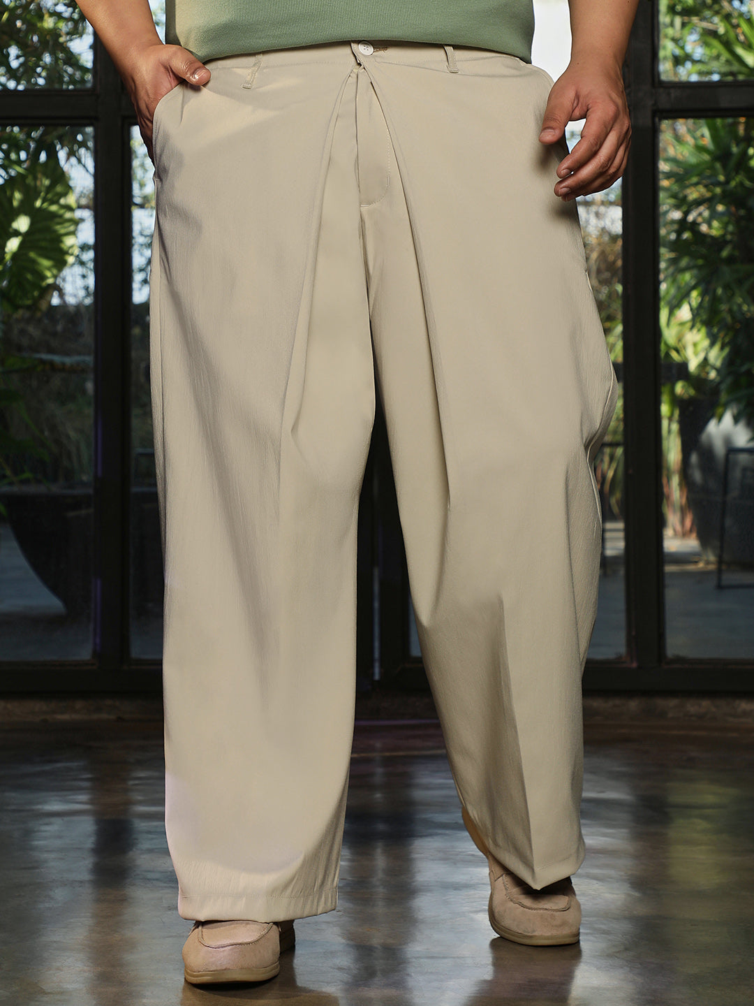 Beige Mid-Rise Wide Leg Trouser