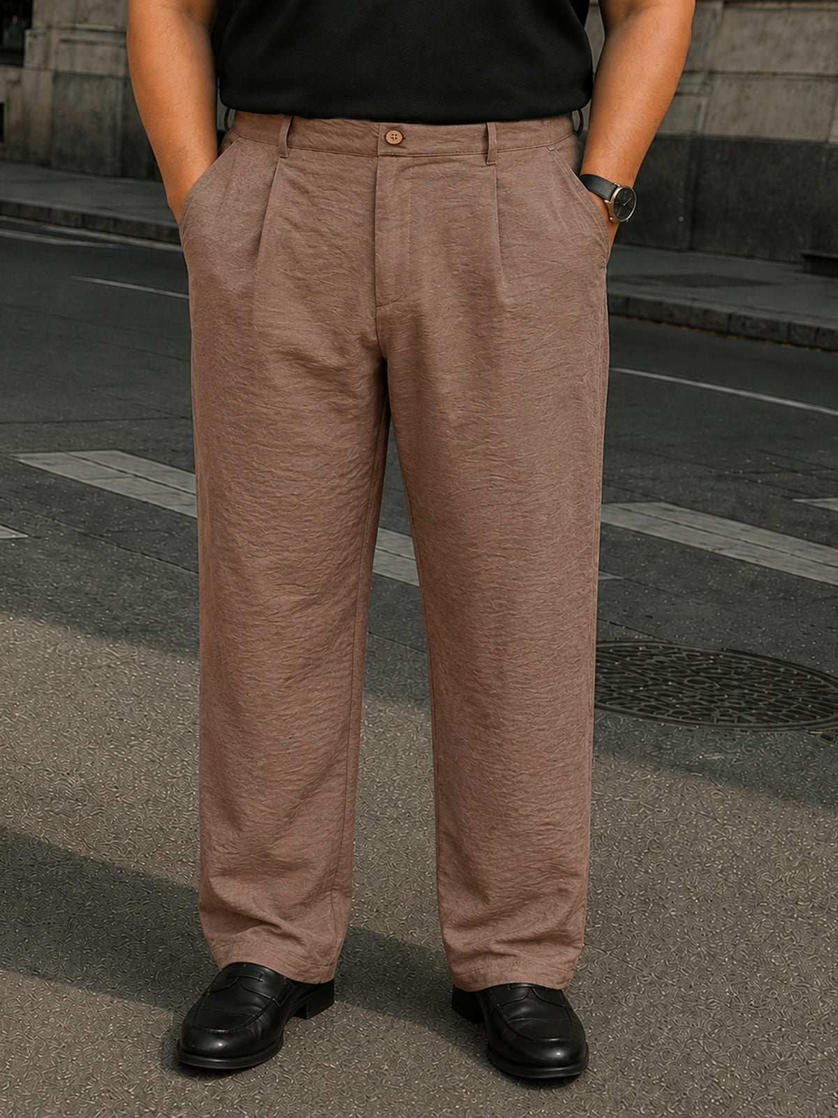 Instafab Plus Men's Brown Creased Single Pleated Straight Fit Trouser - view 1