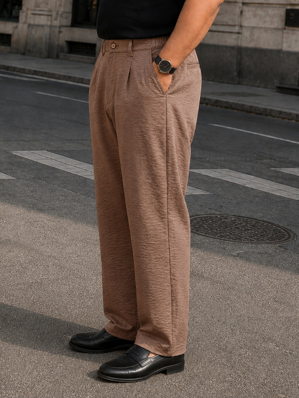 Instafab Plus Men's Brown Creased Single Pleated Straight Fit Trouser - view 2