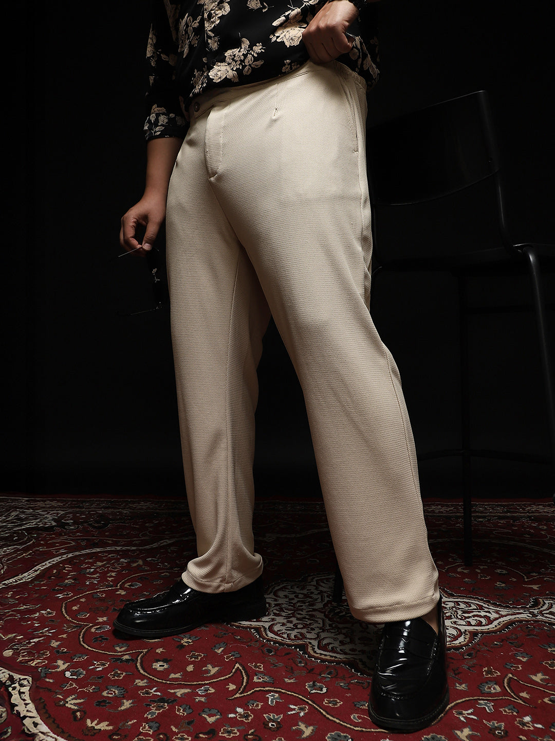 Textured Extended-Waistband Trousers