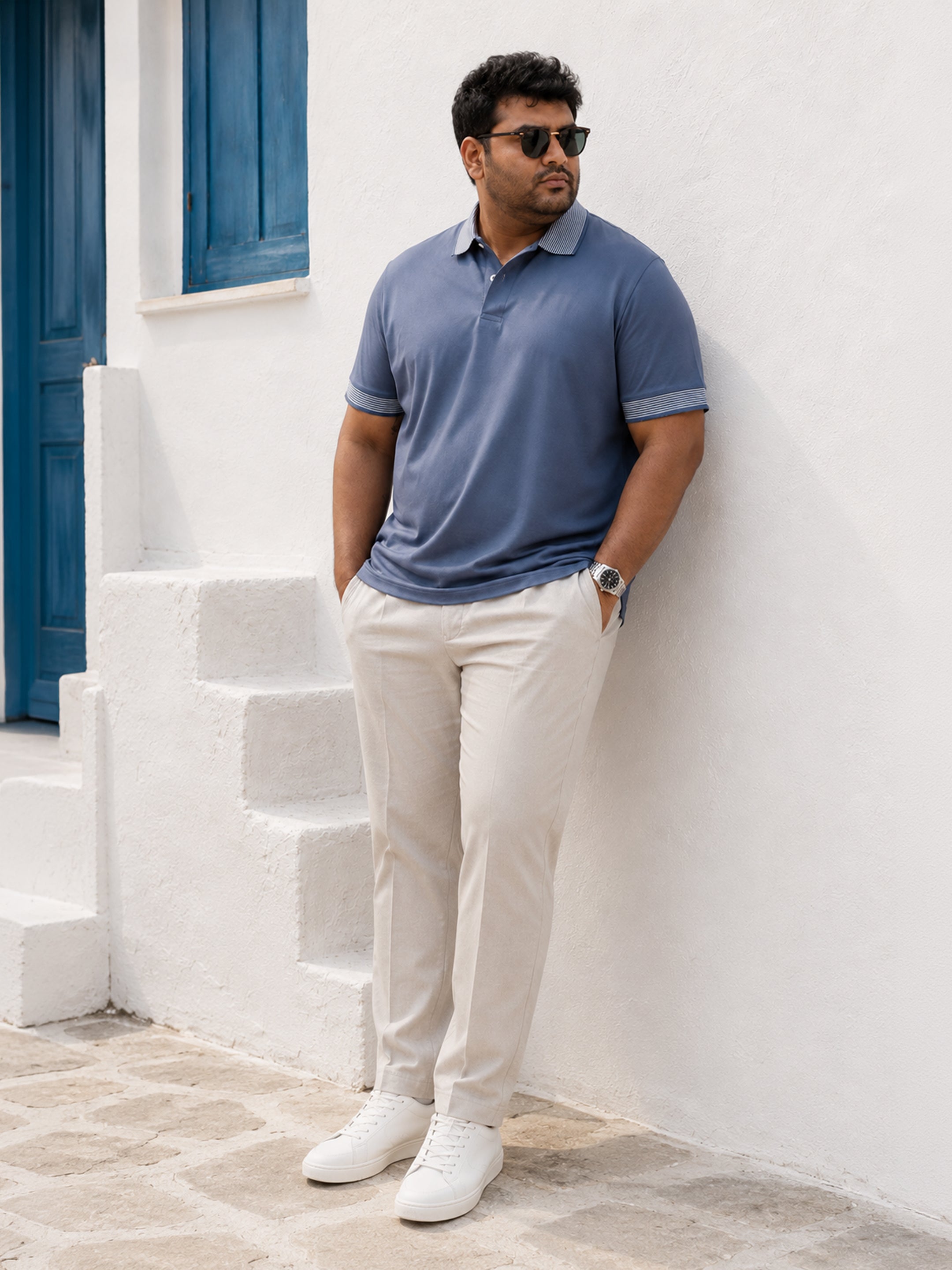 Instafab Plus Men's Blue Solid Polo With Jacquard Collar & Cuff - view 4