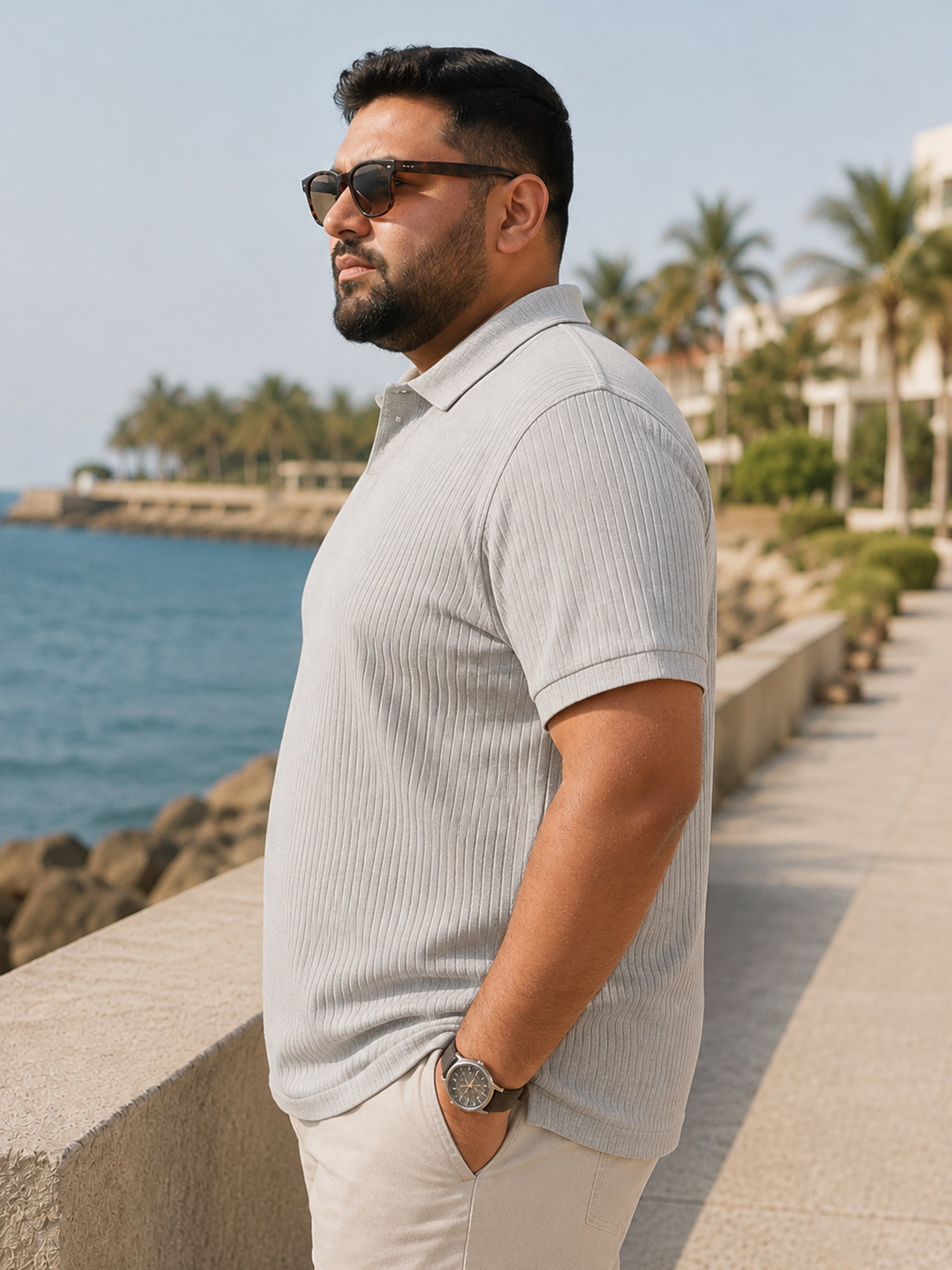 Instafab Plus Men's Grey Ribbed Regular Fit Polo - view 3