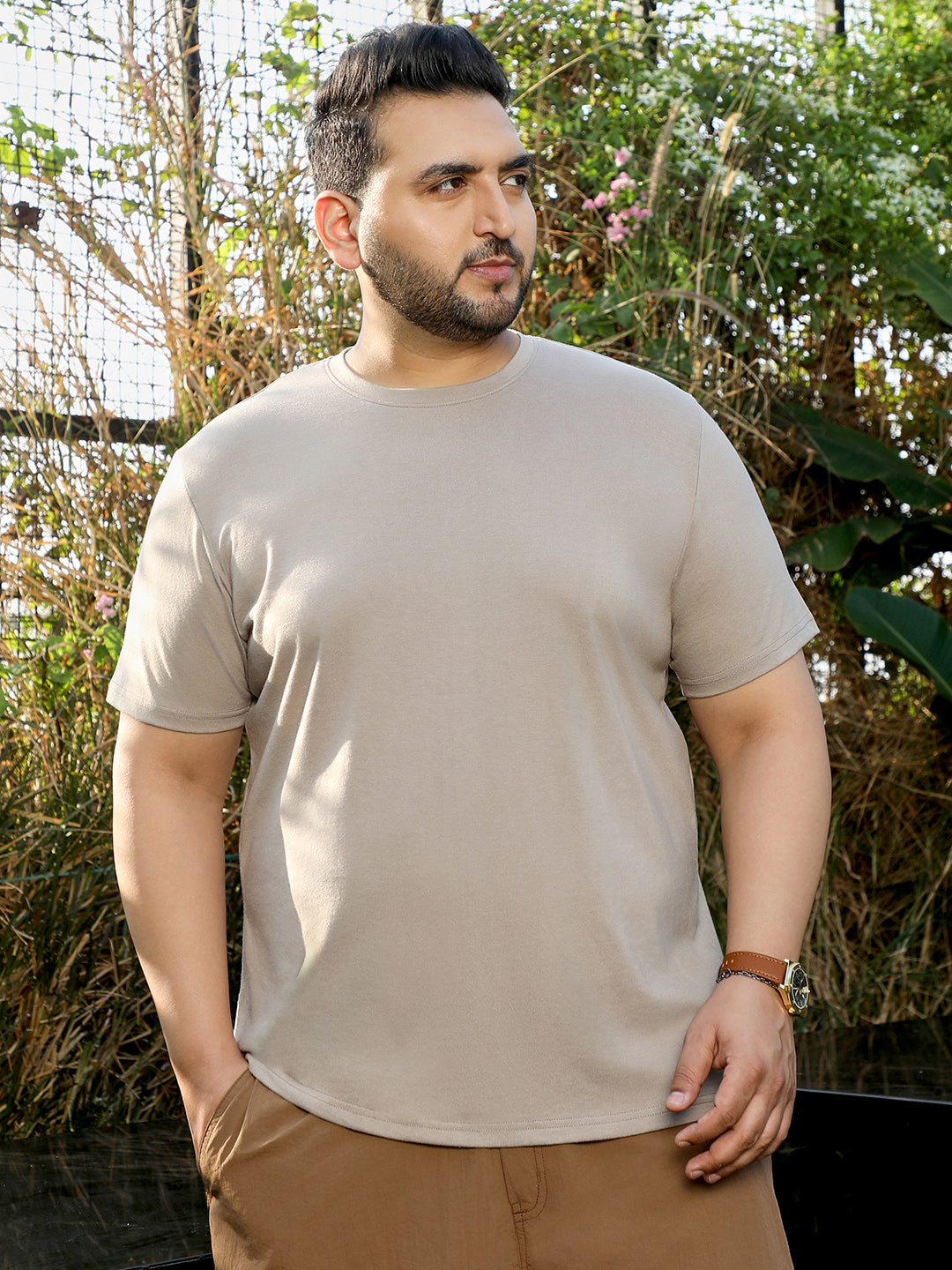 Beige Solid T-Shirt