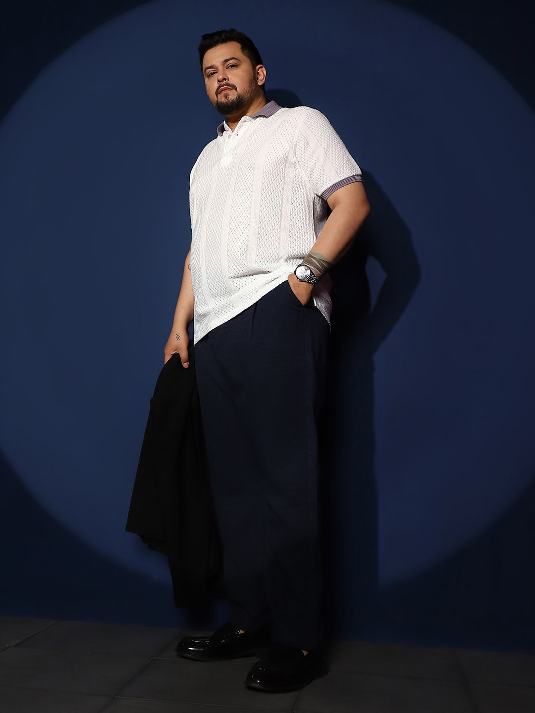 Contrast Open-Knit Polo T-Shirt