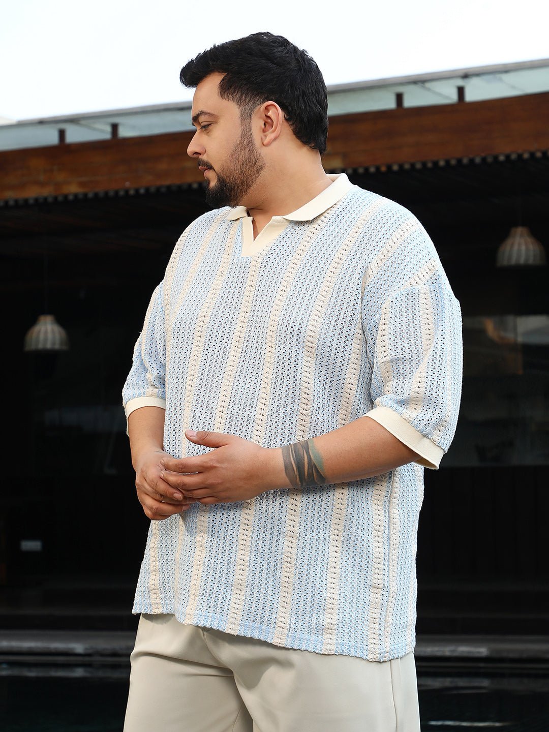 Open-Knit Striped Polo T-Shirt