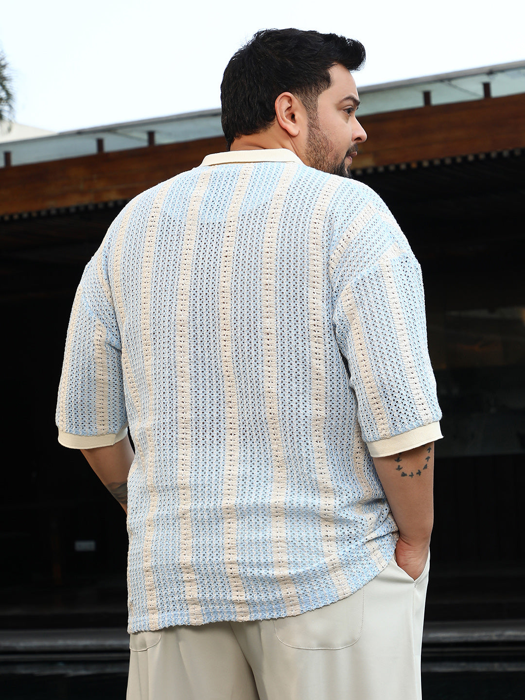 Open-Knit Striped Polo T-Shirt