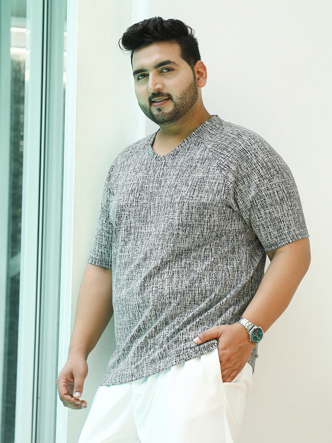 Contrast-Heathered Knitted T-Shirt