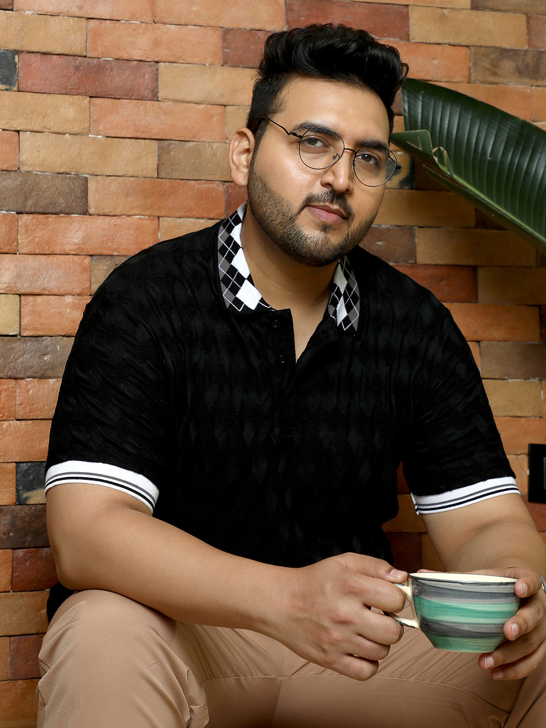 Block Argyle-Knit Polo T-Shirt