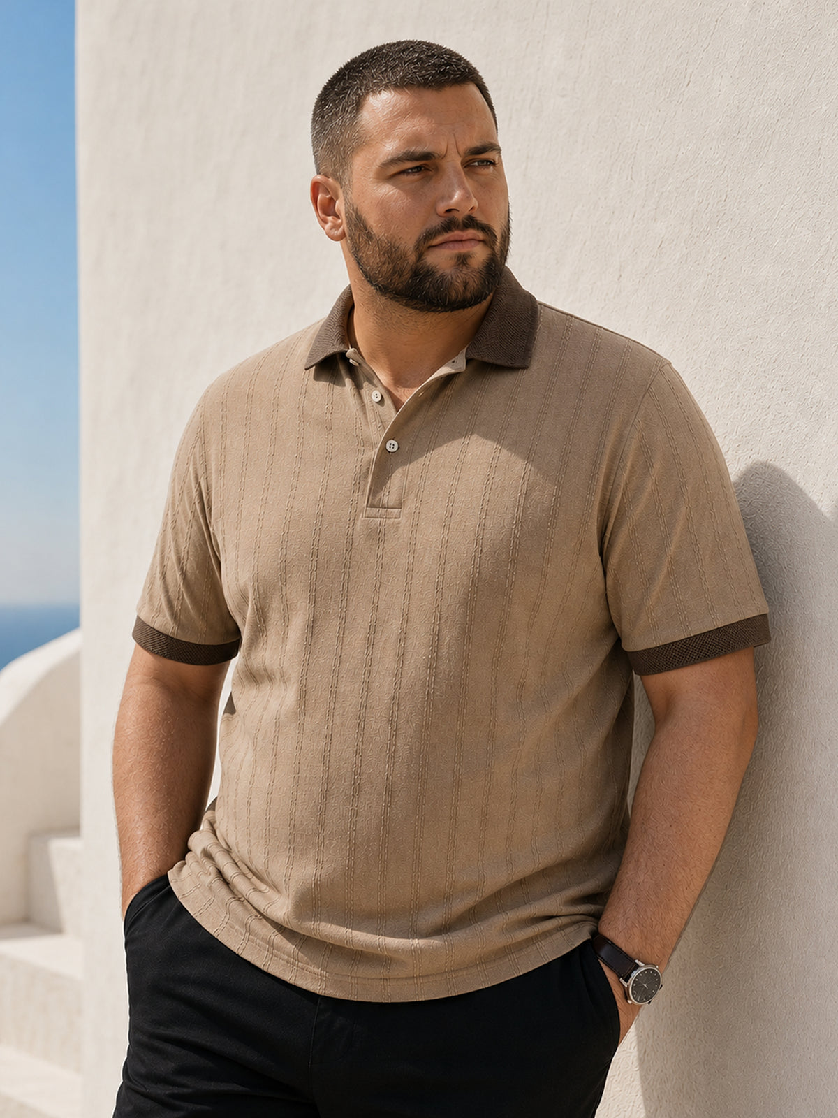 Instafab Plus Men's Beige & Brown Jacquard Polo With Contrast Collar & Cuff - view 1