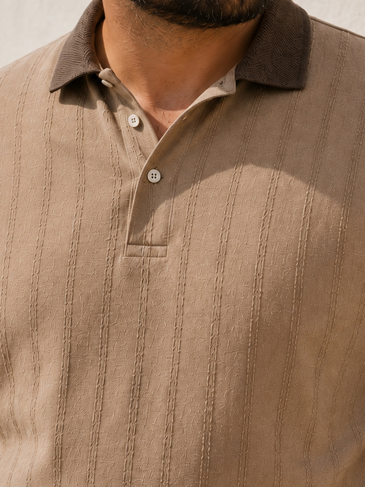 Instafab Plus Men's Beige & Brown Jacquard Polo With Contrast Collar & Cuff - view 5