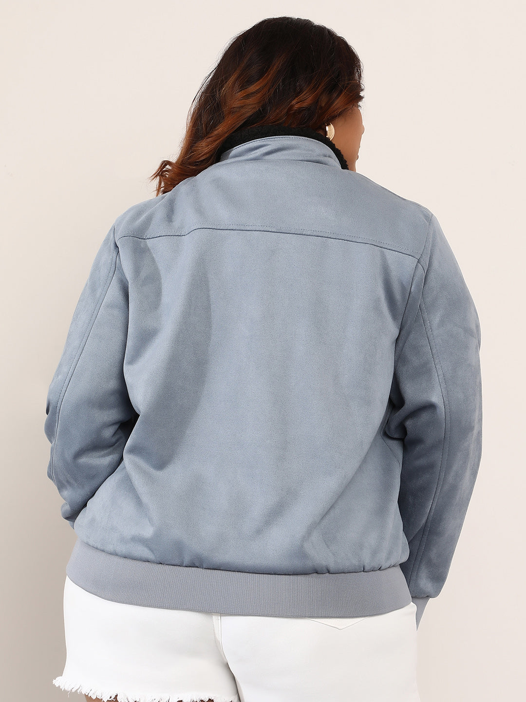 Contrast Sherpa-Lined Suede Bomber Jacket