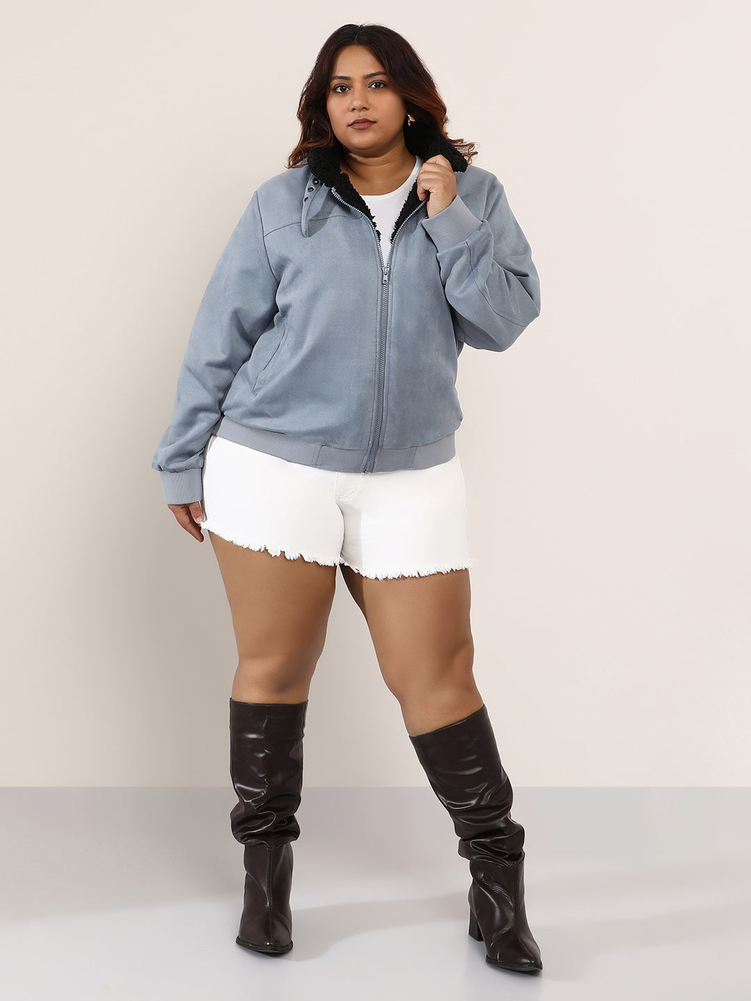 Contrast Sherpa-Lined Suede Bomber Jacket