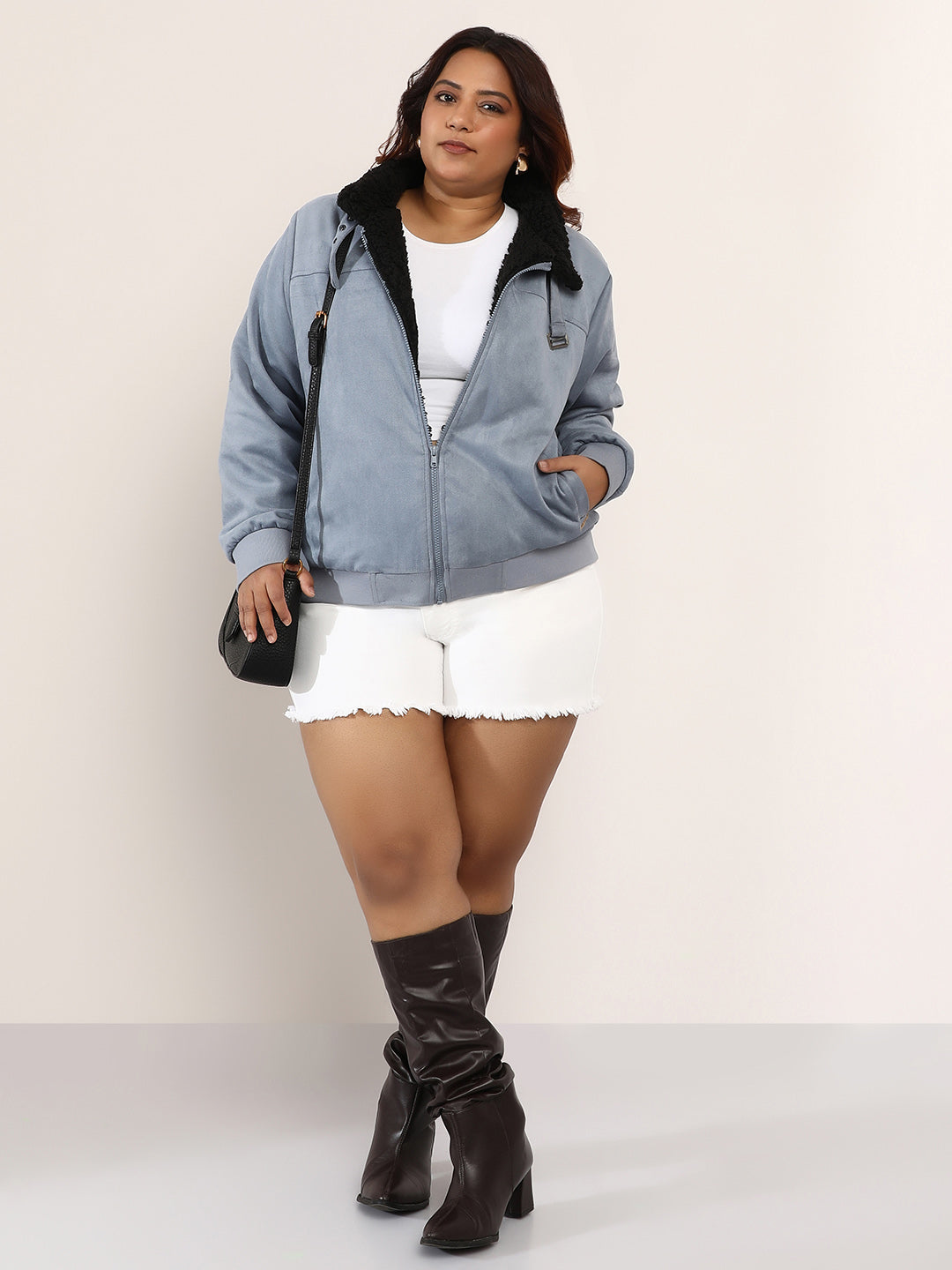 Contrast Sherpa-Lined Suede Bomber Jacket