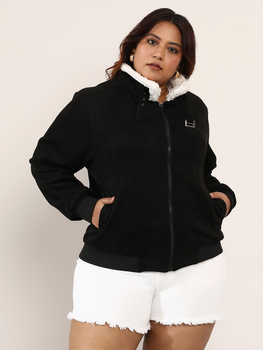 Contrast Sherpa-Lined Suede Bomber Jacket