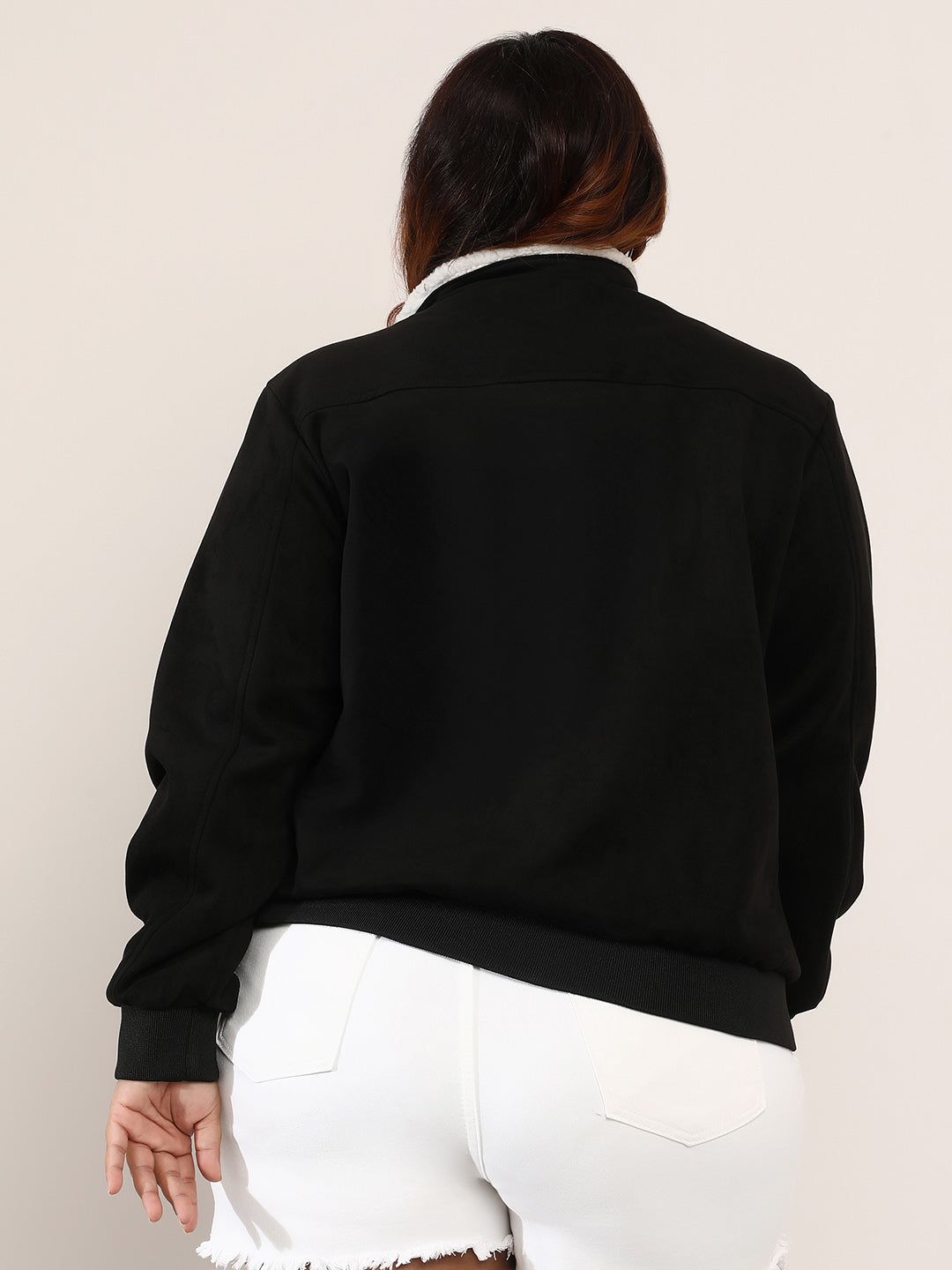 Contrast Sherpa-Lined Suede Bomber Jacket