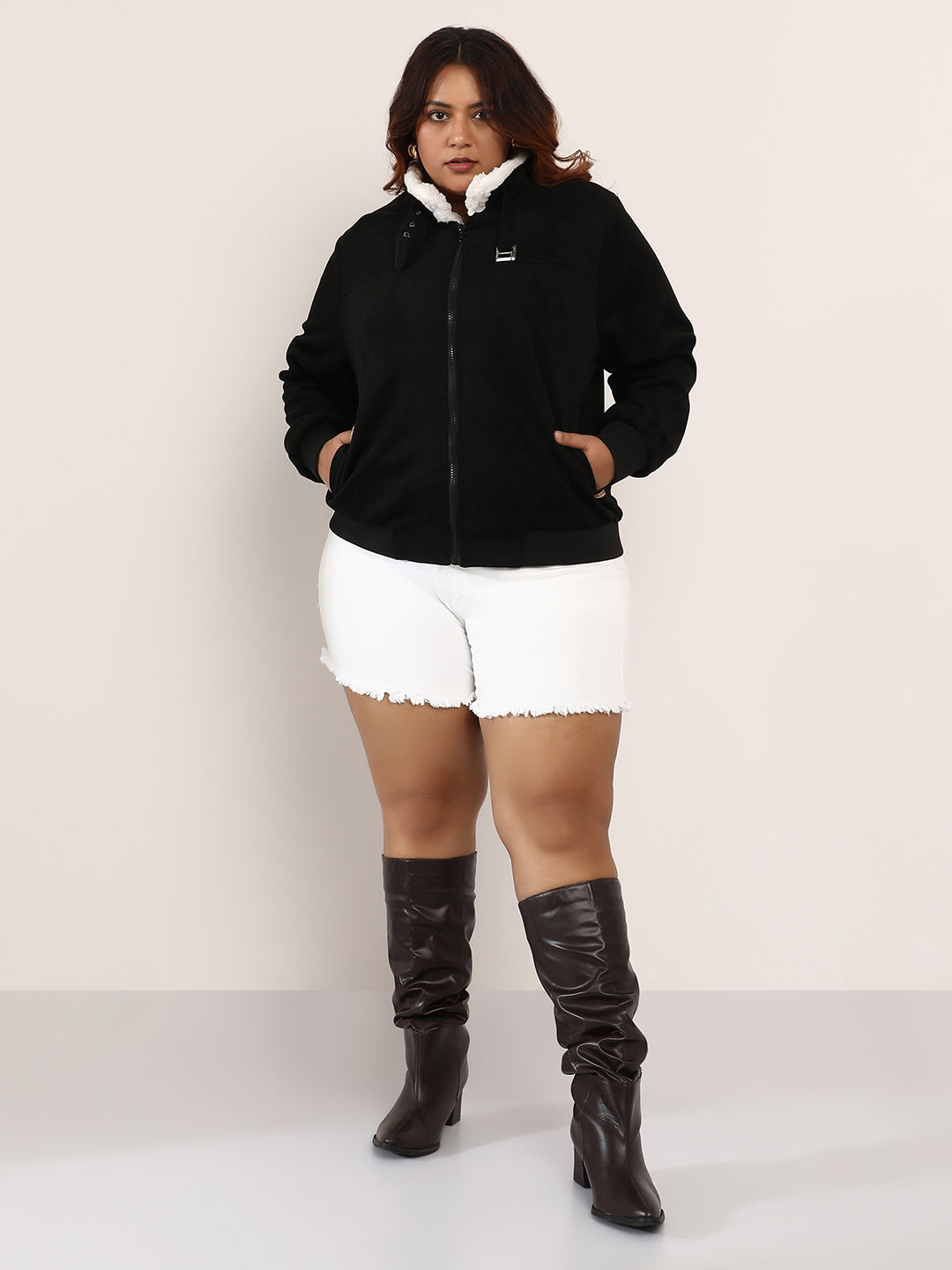 Contrast Sherpa-Lined Suede Bomber Jacket