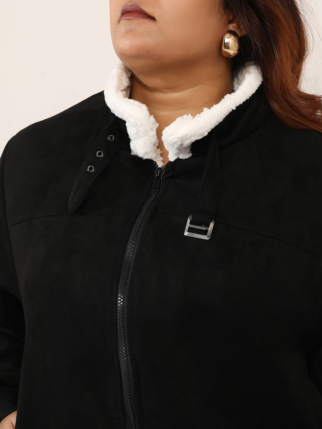 Contrast Sherpa-Lined Suede Bomber Jacket