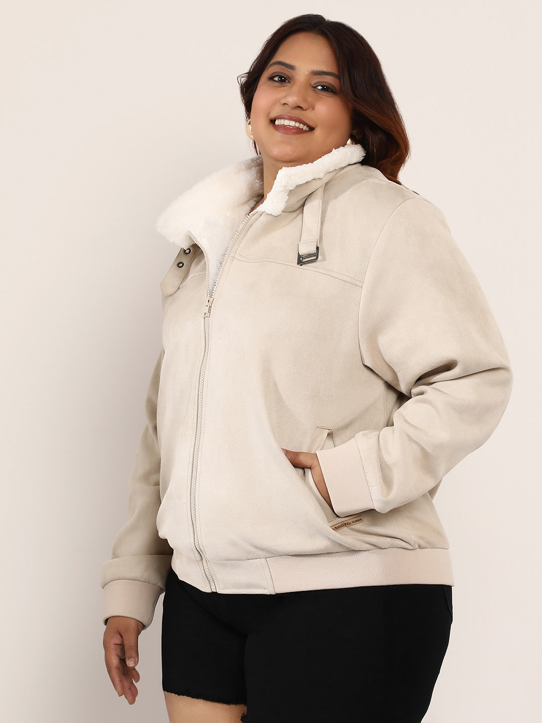 Contrast Sherpa-Lined Suede Bomber Jacket