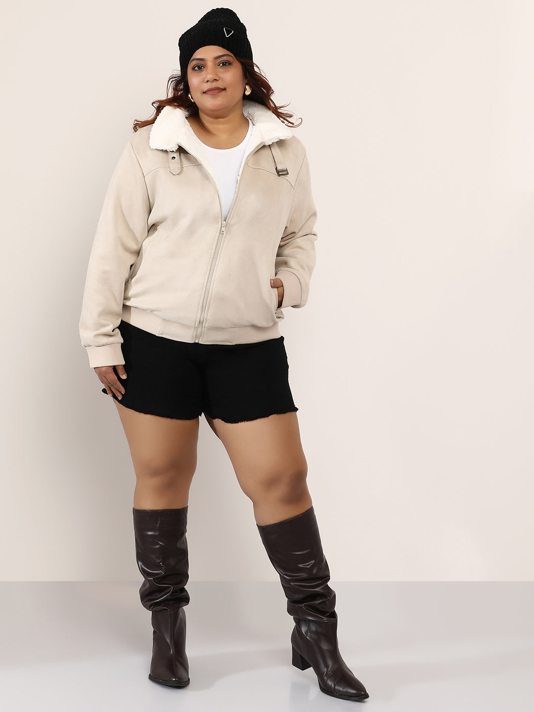 Contrast Sherpa-Lined Suede Bomber Jacket