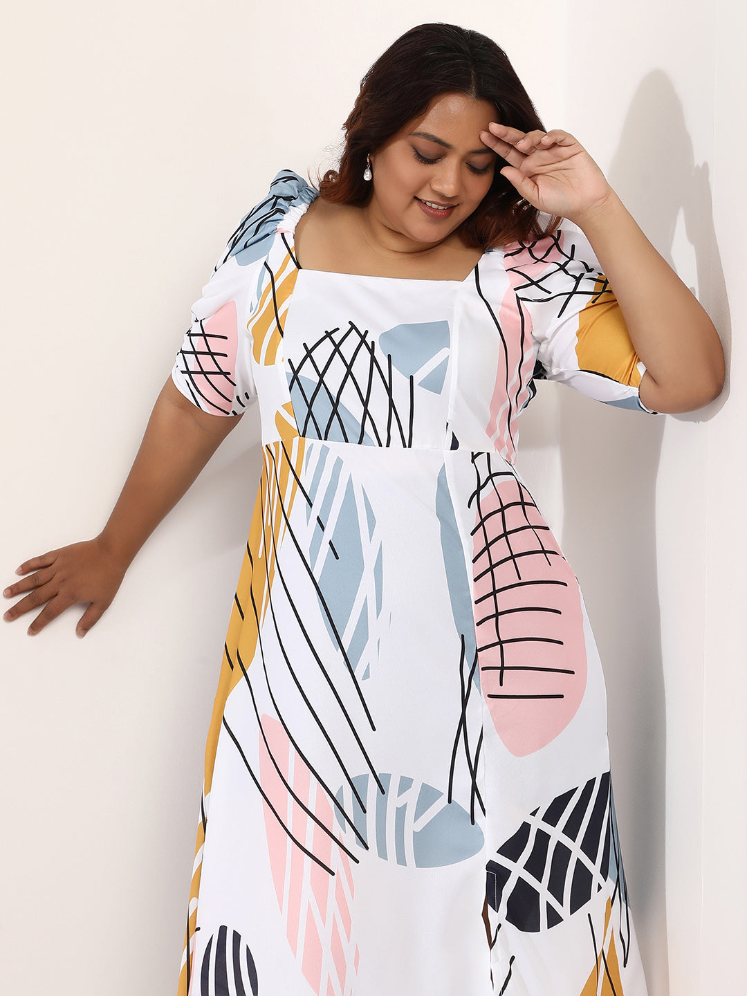 Contrast-Foliage Midi Dress