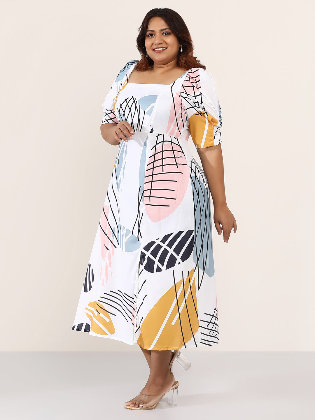 Contrast-Foliage Midi Dress