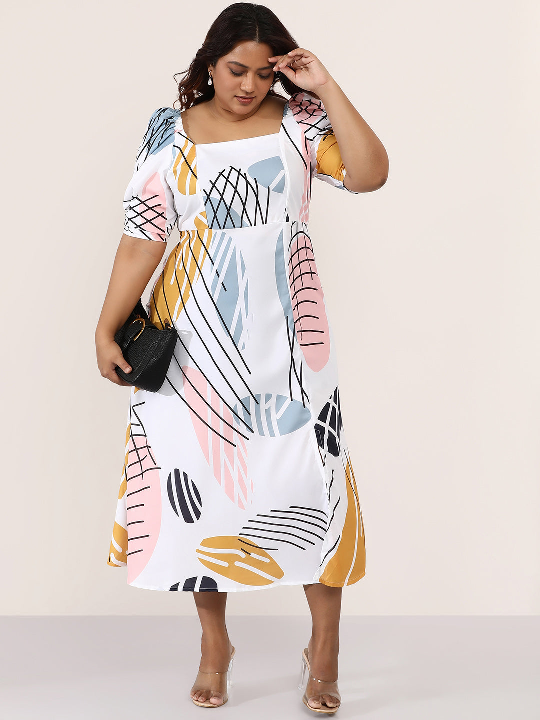 Contrast-Foliage Midi Dress