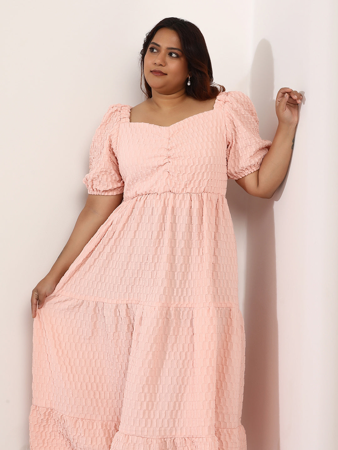 peach pink midi dress Instafab Plus Women's Peach Pink Textured-Tiered Midi Dress