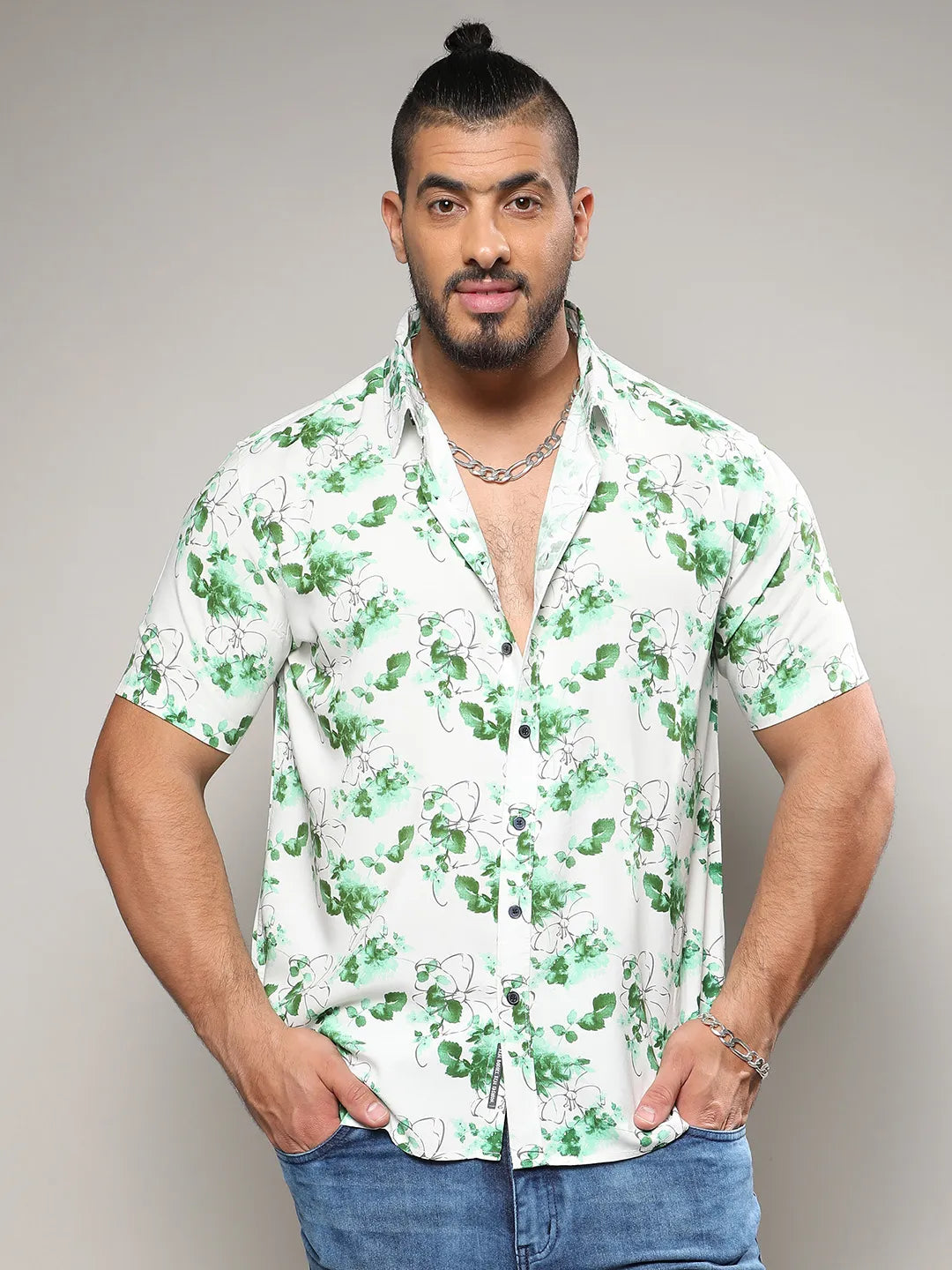 Green & White Botanical Strokes Shirt
