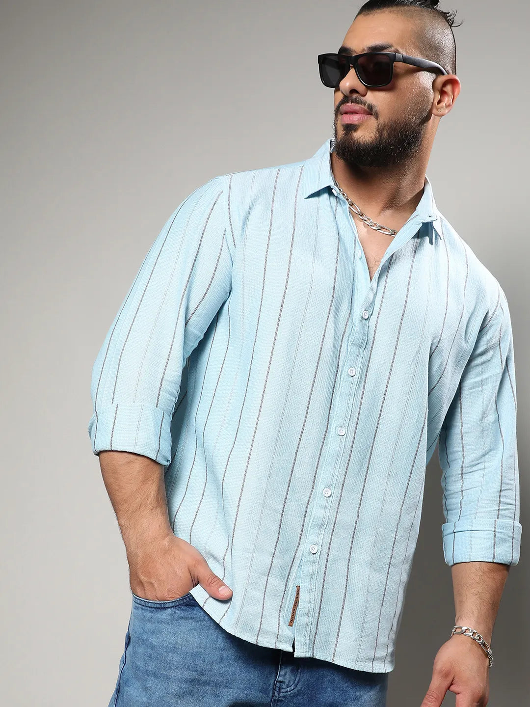 Light Blue Contrast Pinstriped Shirt