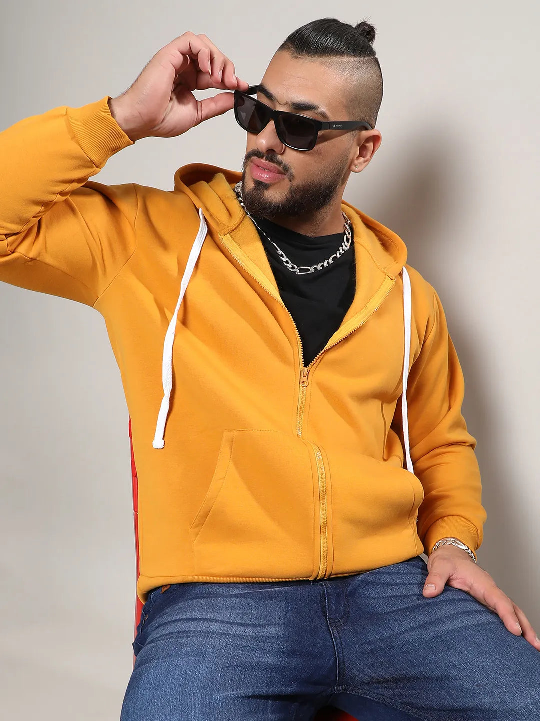 Plus Size Men's Mustard Yellow Basic Zip-Front Hoodie (3XL 6XL) Instafab Plus