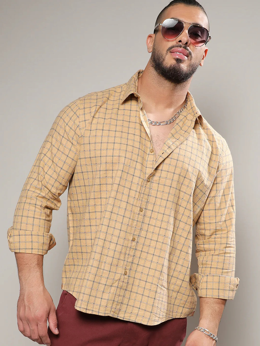 Plus Size Men's Beige Contrast Tartan Plaid Shirt (3XL - 6XL